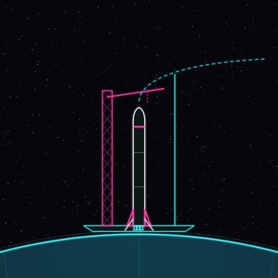 Illustration: a New Glenn rocket standing on a rebuilt launch pad beside a lattice tower and crane, with a lightning mast and a dashed trajectory curving away above it.