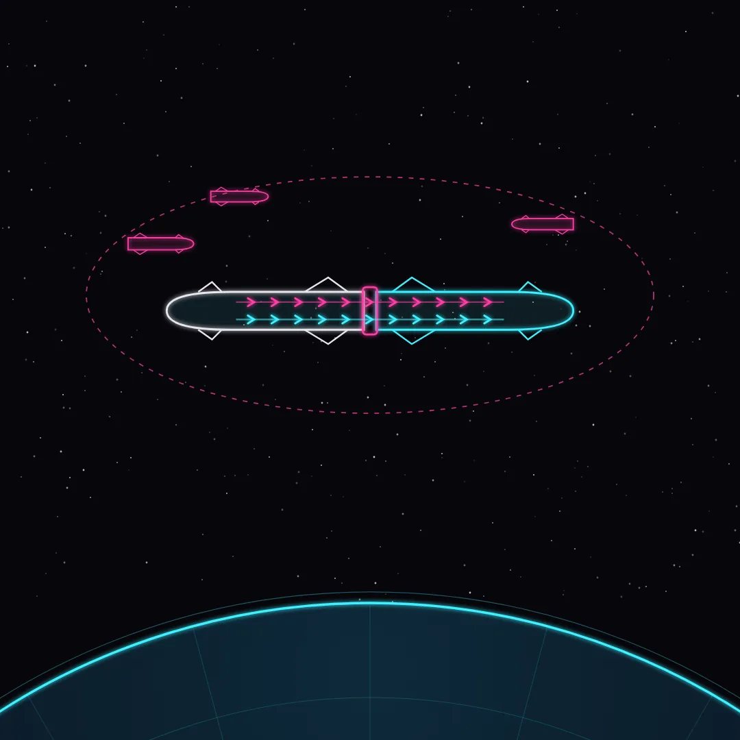 Illustration: two Starship vehicles docked tail to tail in low Earth orbit, transferring liquid oxygen and methane, with tanker ships on a dashed orbit and Earth's horizon below.