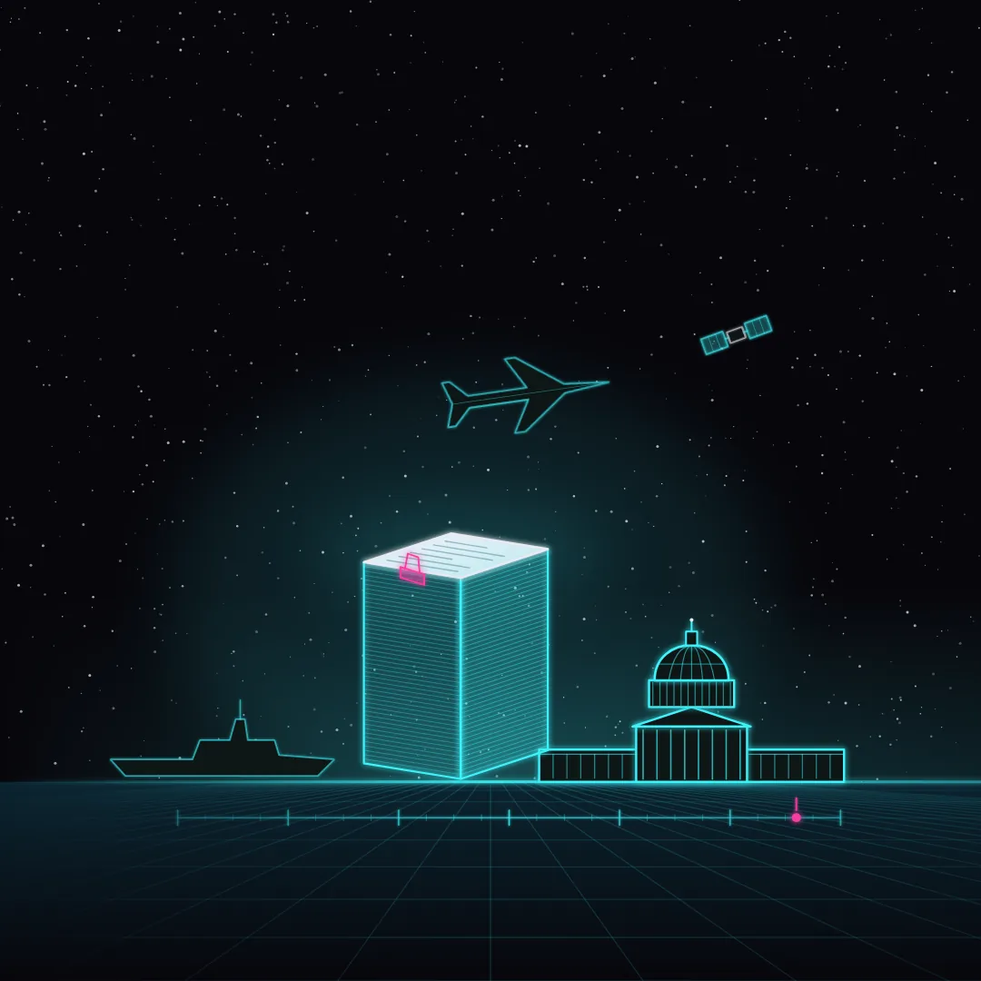 Illustration: a tall glowing stack of papers beside a capitol dome, with the outlines of a ship, an aircraft and a satellite waiting behind it and a row of tick marks along the ground.