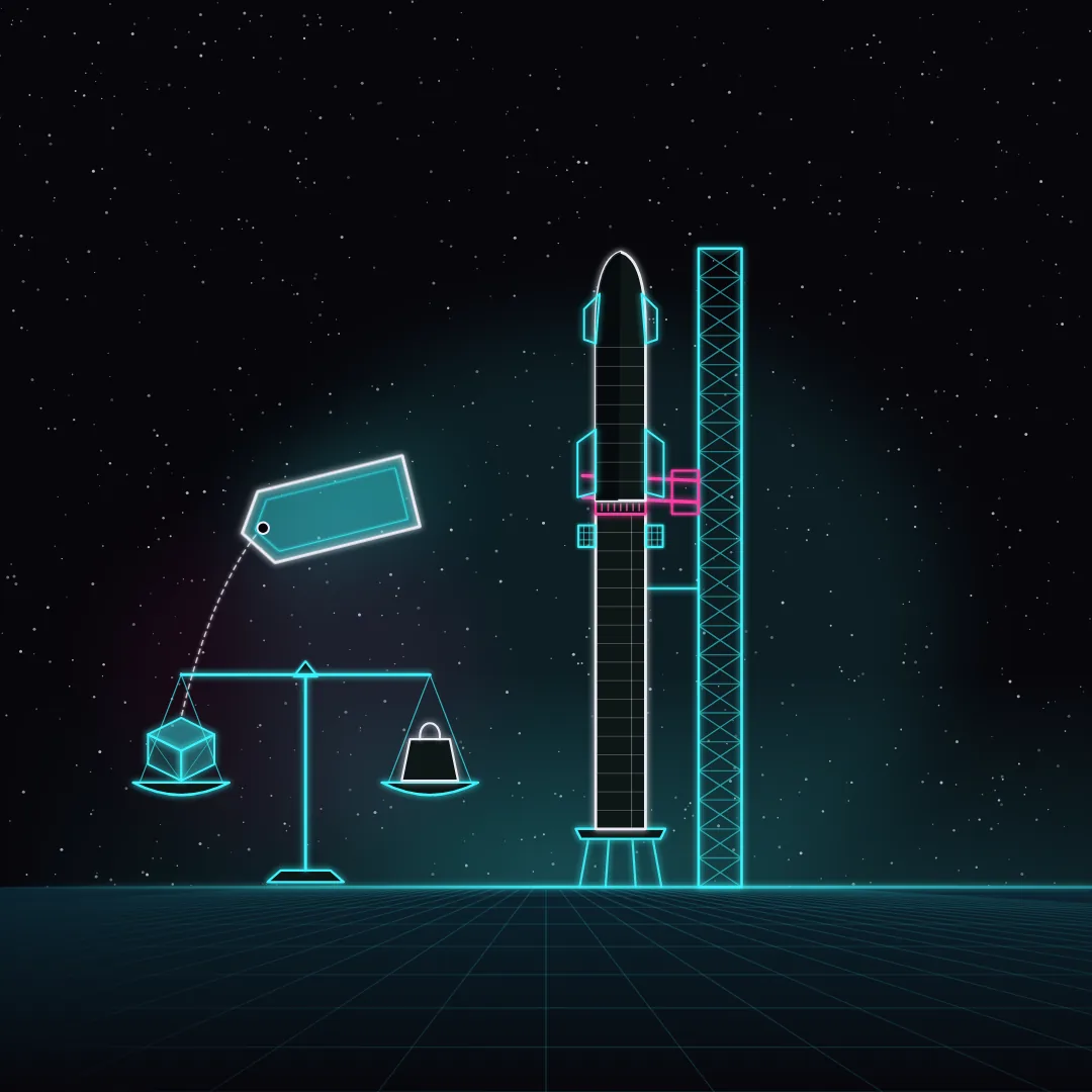 Illustration: a steel rocket on its launch mount beside a lattice tower; in front, a balance weighs a cargo crate against a one-kilogram weight, a blank price tag floating above on a tether to the crate.